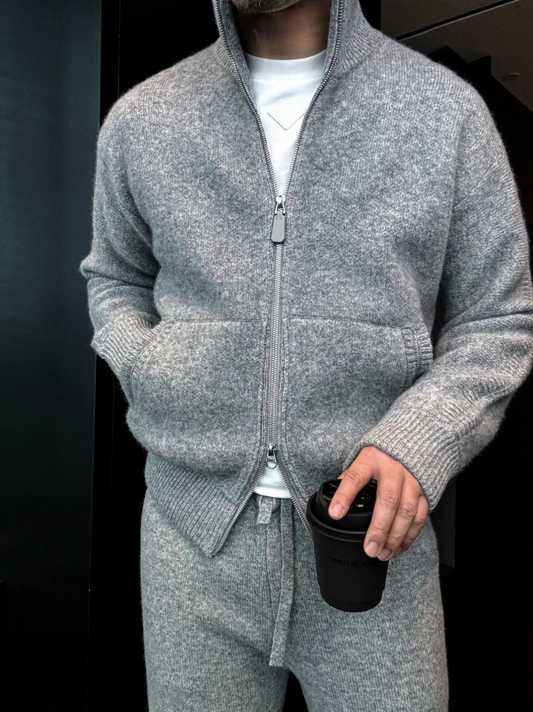 Men's casual thickened high collar knitted cardigan suit