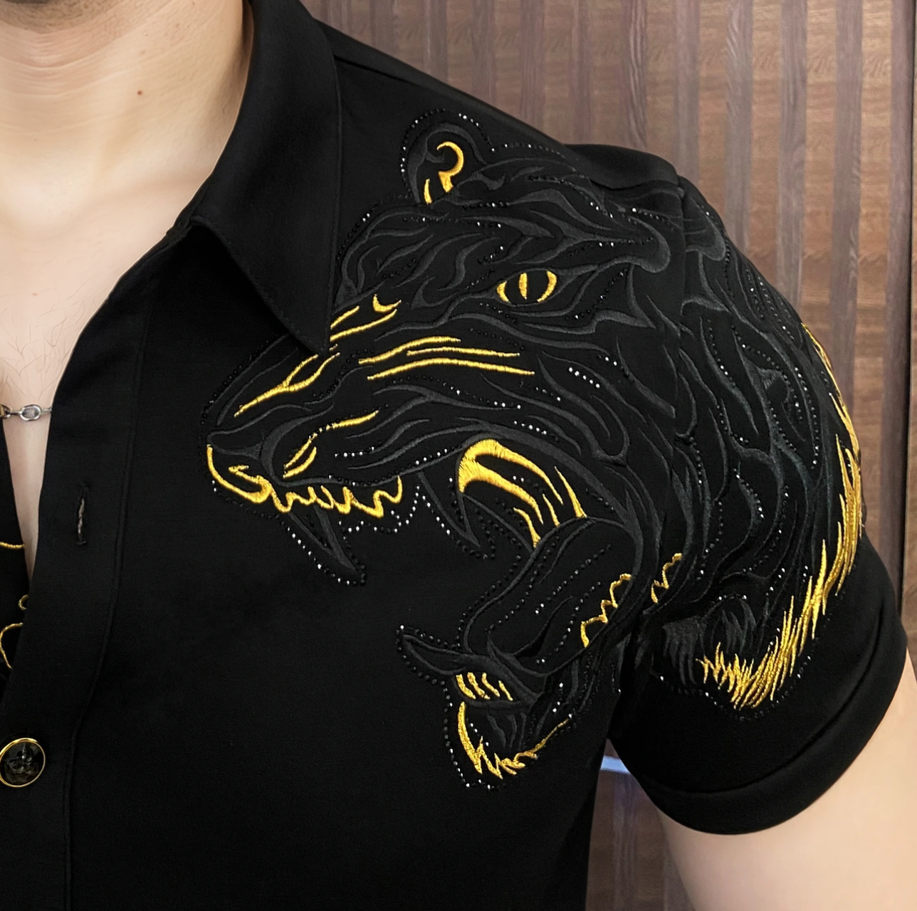 Light luxury rhinestone 3D embroidered tiger T-shirt
