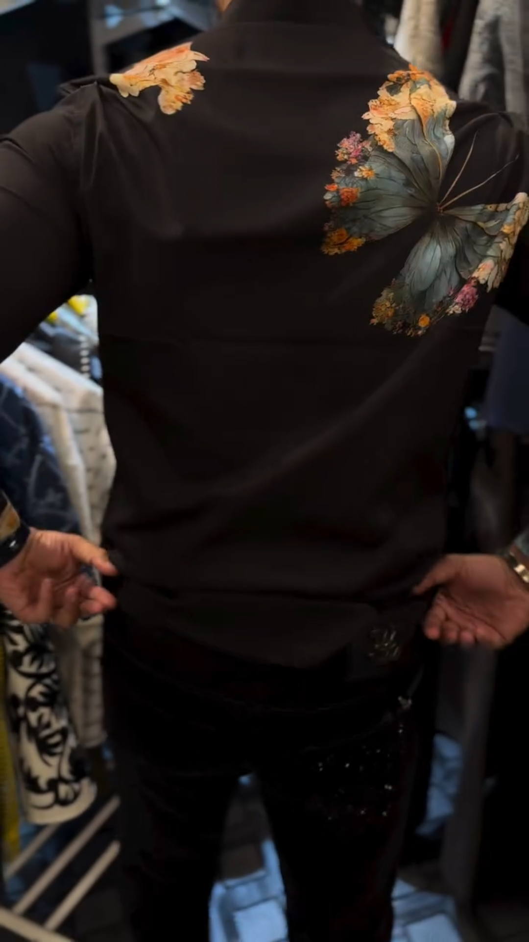 Light luxury hand-embroidered rhinestone butterfly shirt