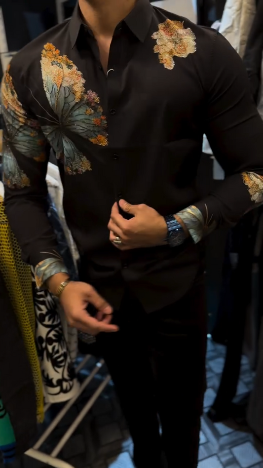 Light luxury hand-embroidered rhinestone butterfly shirt