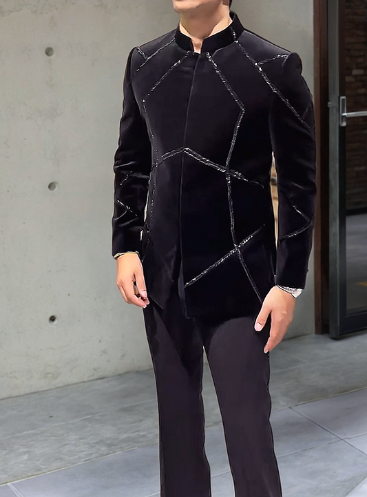 Men's Black Velvet Handcrafted Cut Stylish Coat