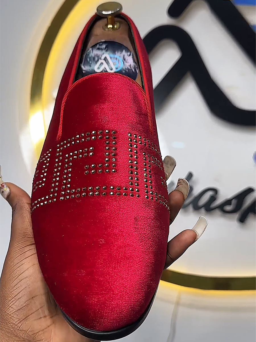 Men's Red Suede Rhinestone Loafers