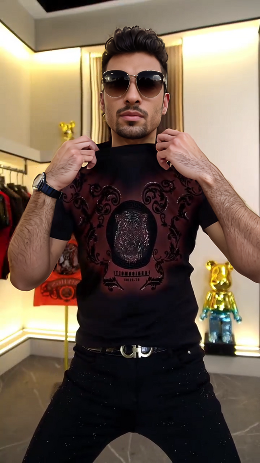 Men's high-end rhinestone tiger head short-sleeved T-shirt