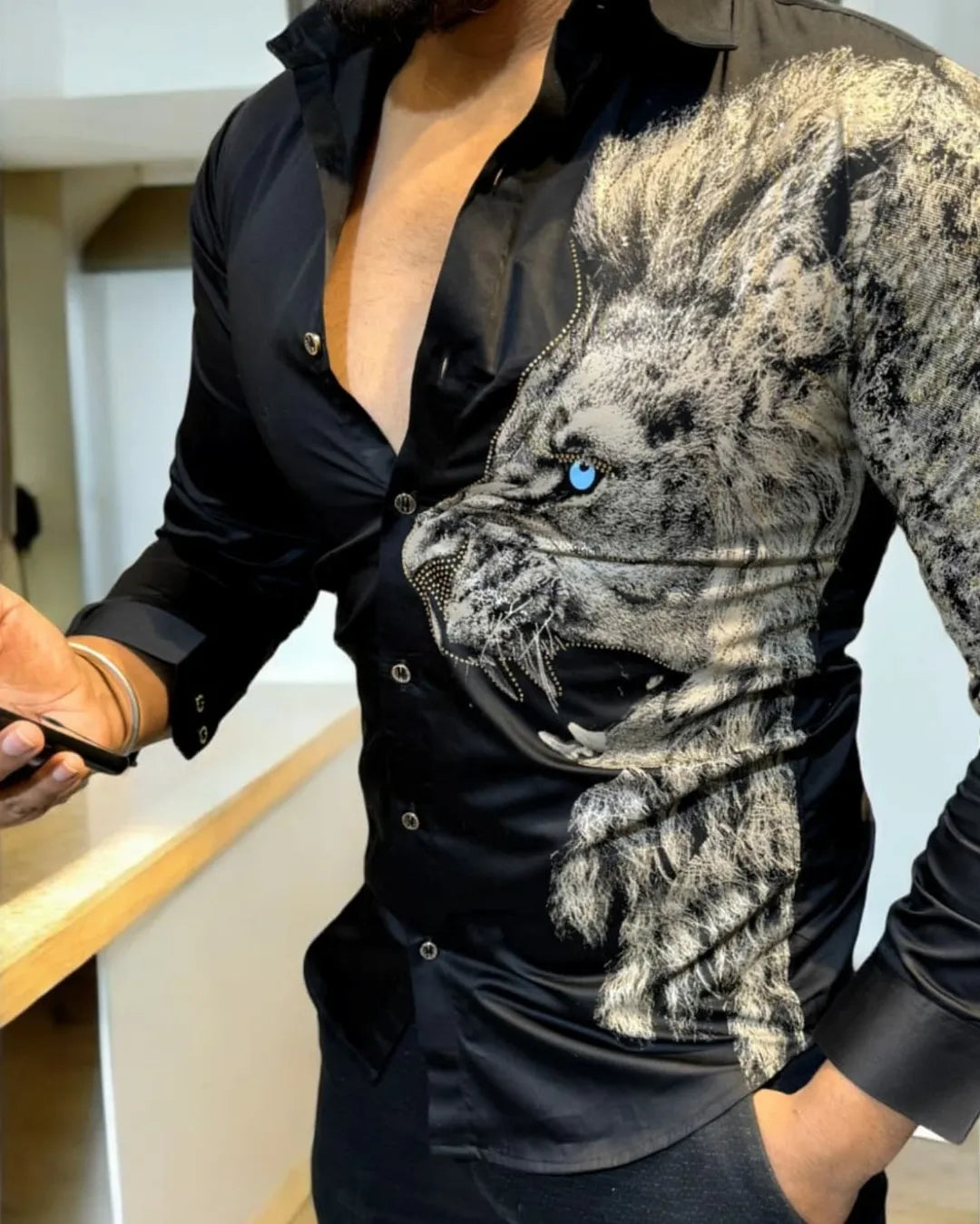 Light luxury rhinestone domineering lion shirt