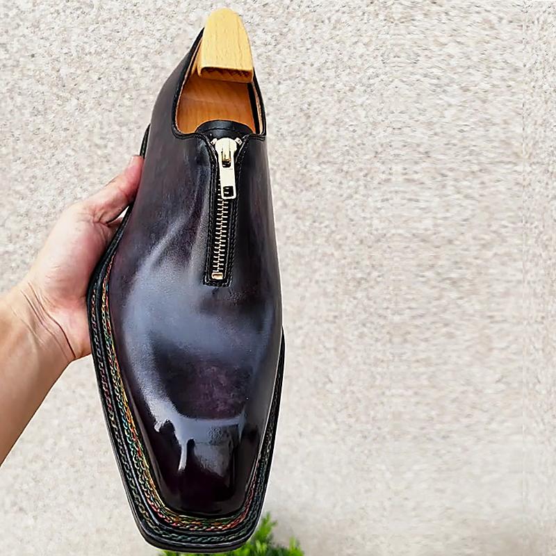 Triple Colorful Stitched Leather Zipper Men's Formal Shoes