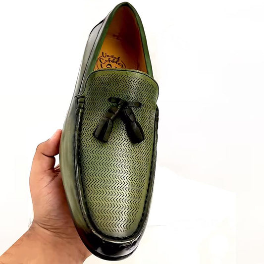 Men's Green Leather Embossed Loafers