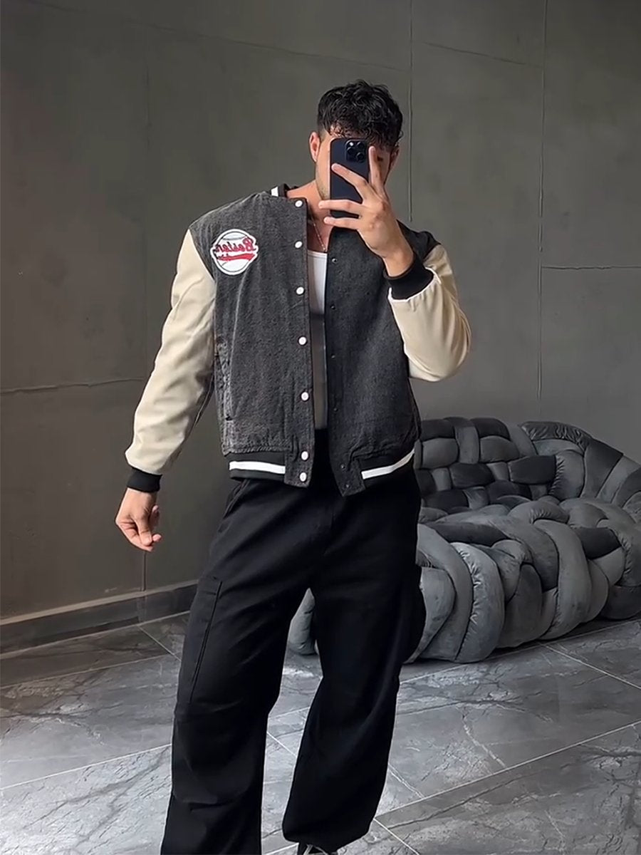 Men's Washed Vintage Patchwork Baseball Jacket