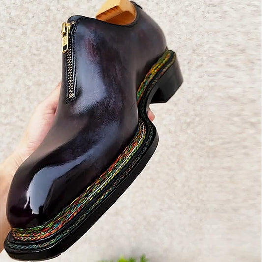 Triple Colorful Stitched Leather Zipper Men's Formal Shoes