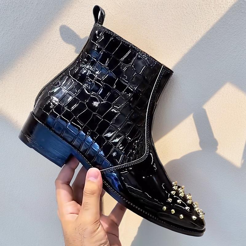 Punk Studded Patent Leather Men's Boots