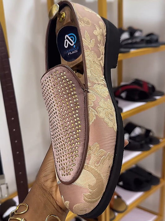 Men's Khaki Embroidered Rhinestone Formal Loafers