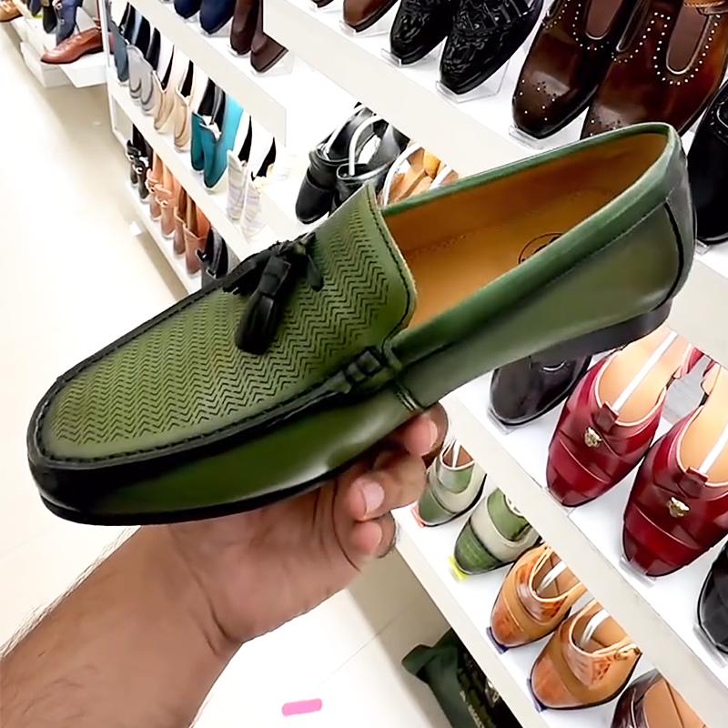 Men's Green Leather Embossed Loafers