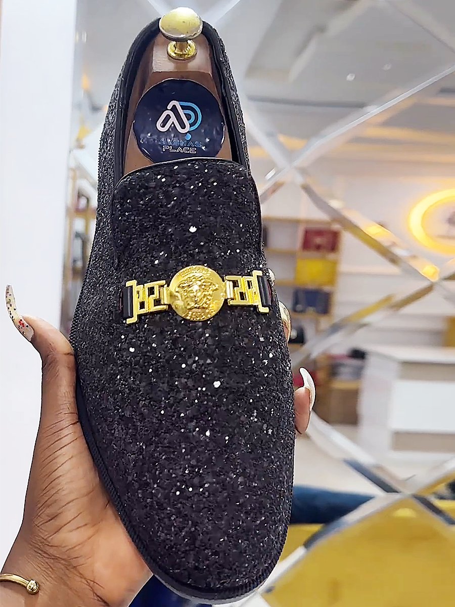 Men's Prom Sequins Loafers with Gold Buckle