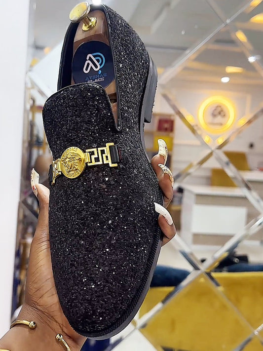 Men's Prom Sequins Loafers with Gold Buckle