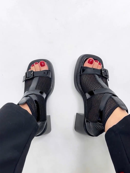 Mesh Leather Buckle Women's Sandal Boots