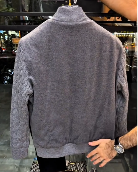 Grey Knitted Sleeve Bomber Jacket