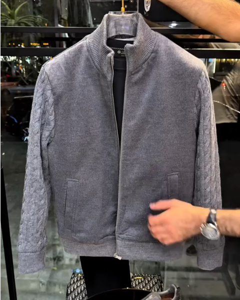 Grey Knitted Sleeve Bomber Jacket