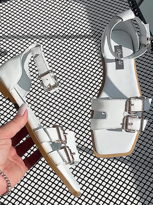 Women's White Leather Buckle Flat Sandals