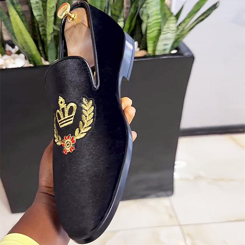 Black Suede Embroidered Men's Loafers