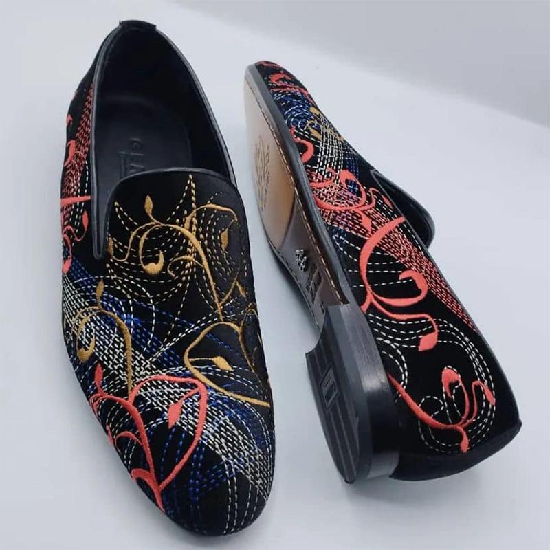 Men's Black Suede Embroidered Loafers