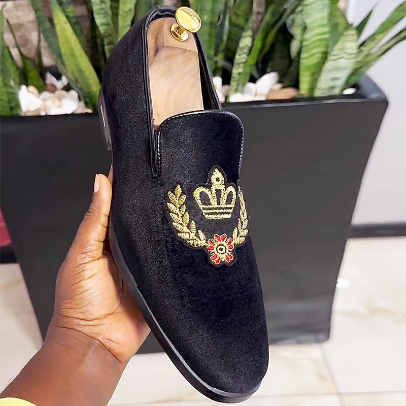 Black Suede Embroidered Men's Loafers