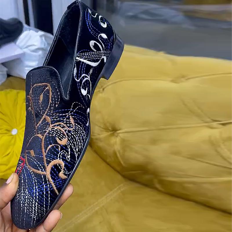 Men's Black Suede Embroidered Loafers