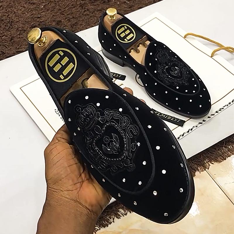 Black Suede Embossed Rhinestone Men's Loafers