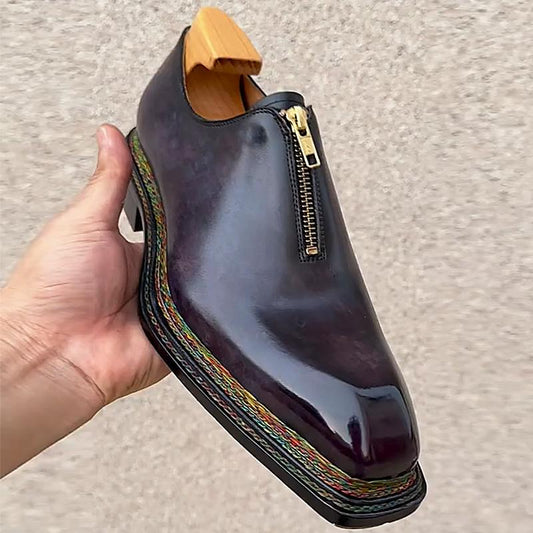 Triple Colorful Stitched Leather Zipper Men's Formal Shoes