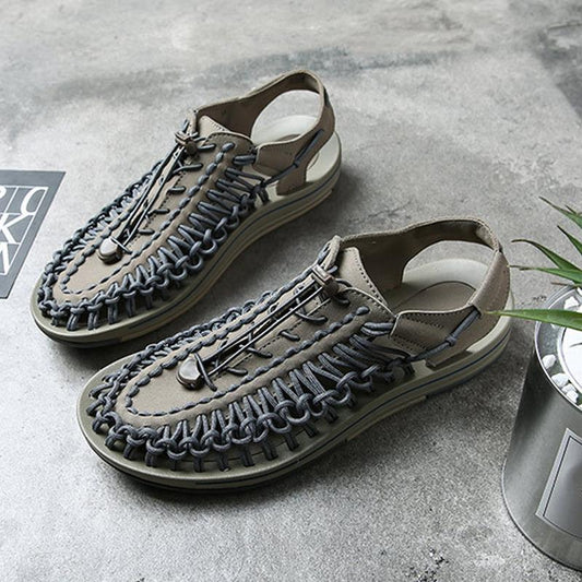 Men's Cutout Leather Woven Casual Sandals