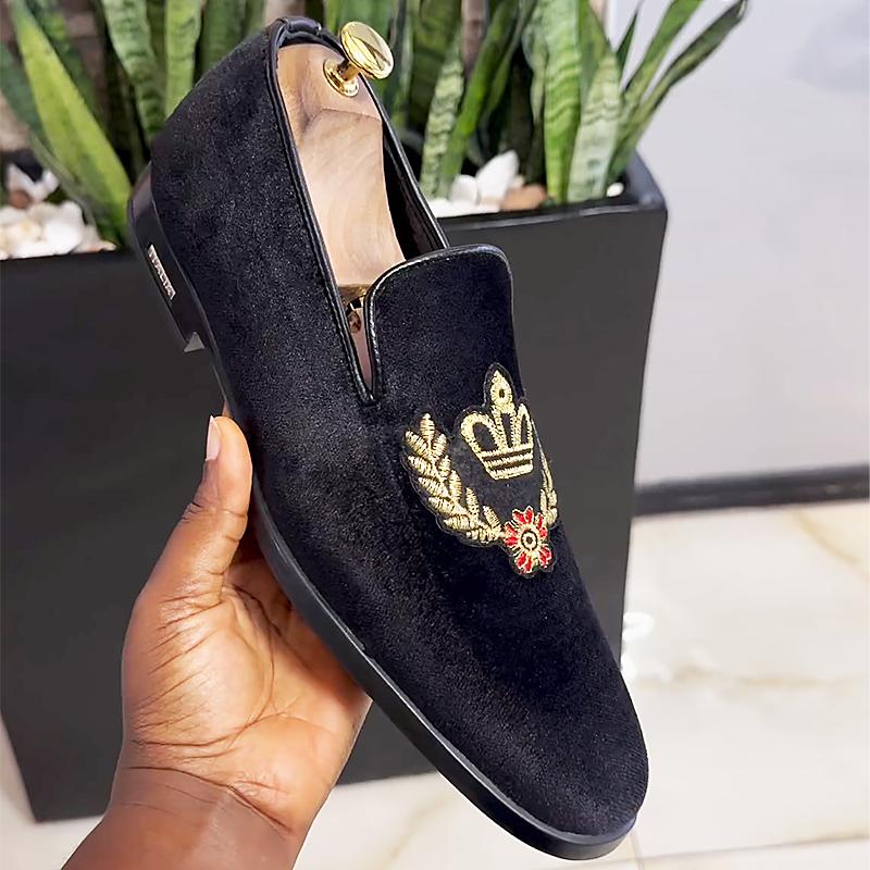 Black Suede Embroidered Men's Loafers