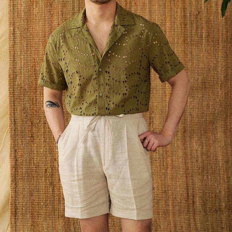 Men's Cuban Collar Cutout Short Sleeve Shirt