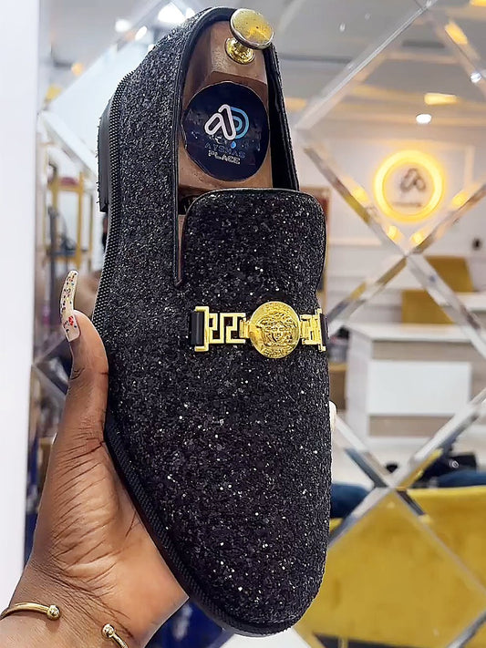 Men's Prom Sequins Loafers with Gold Buckle