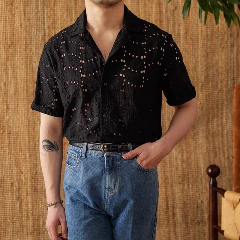 Men's Cuban Collar Cutout Short Sleeve Shirt