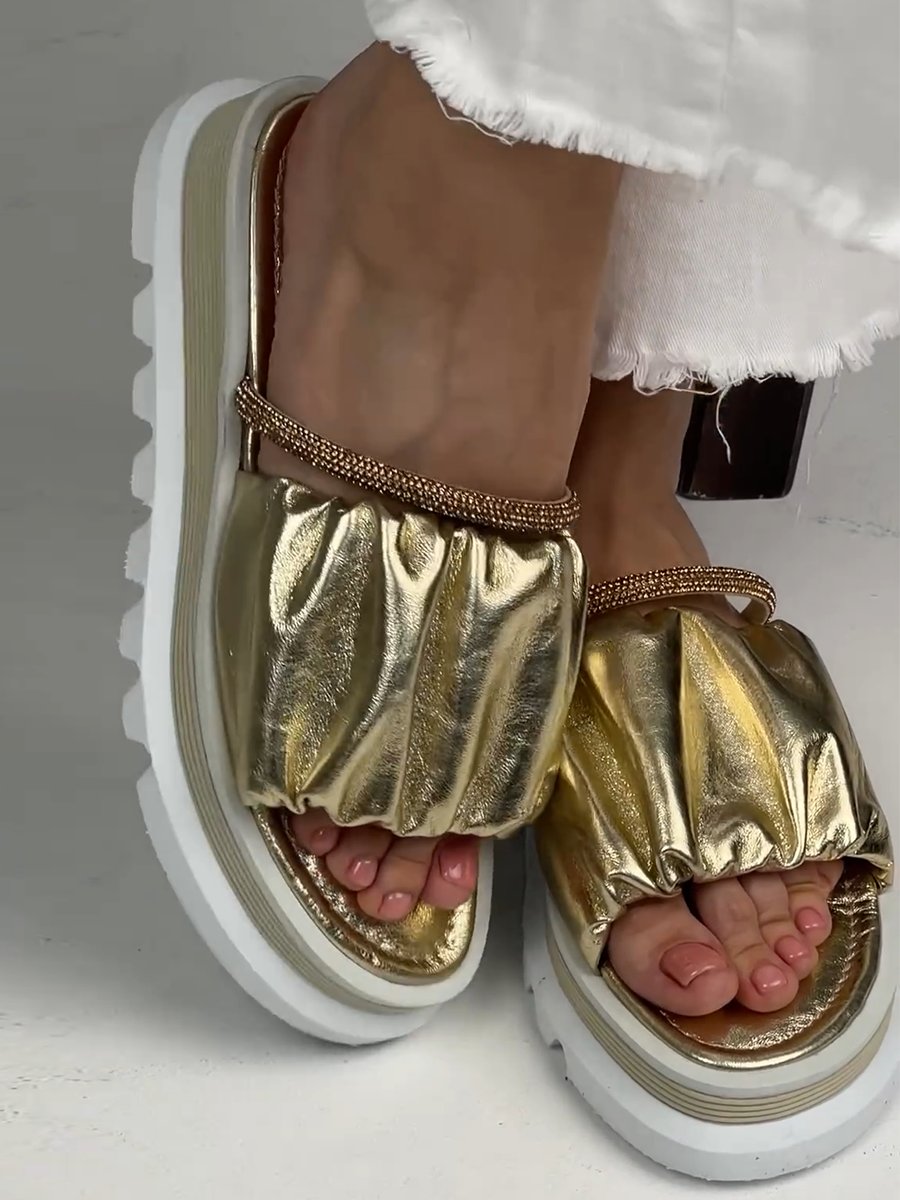 Gold Leather Pleated Women's Slippers