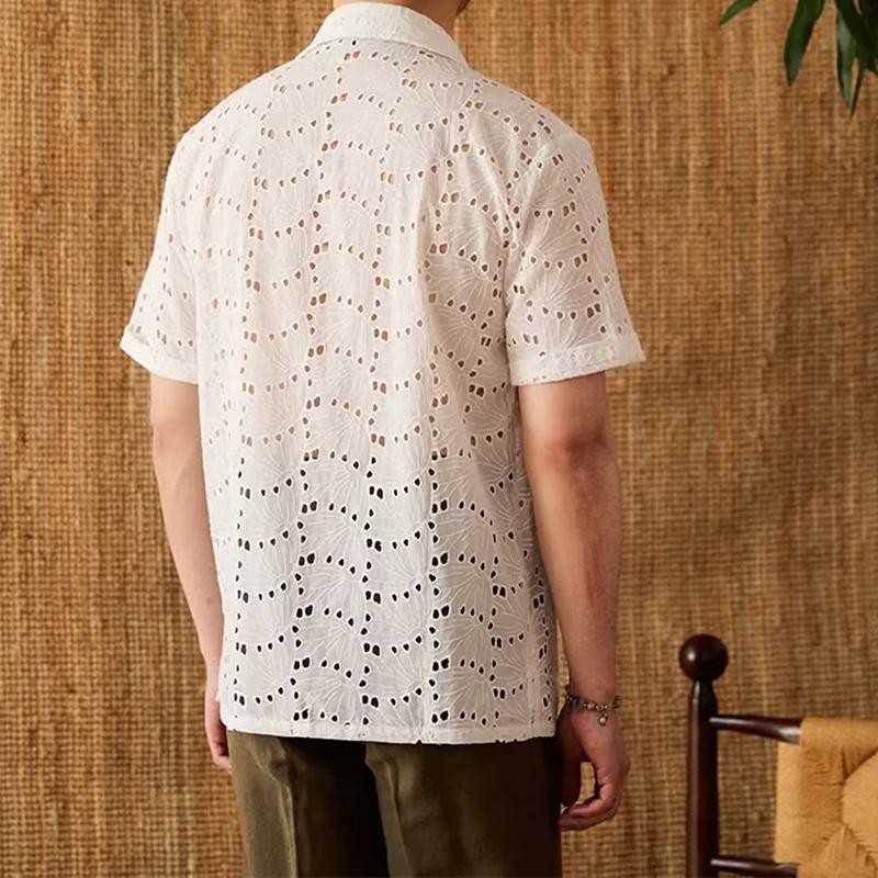 Men's Cuban Collar Cutout Short Sleeve Shirt