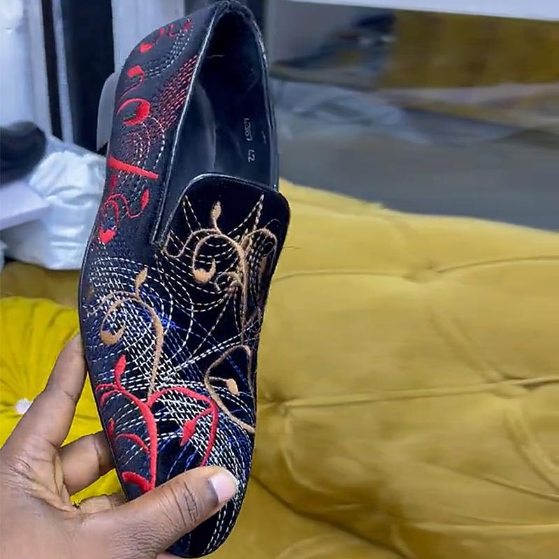 Men's Black Suede Embroidered Loafers