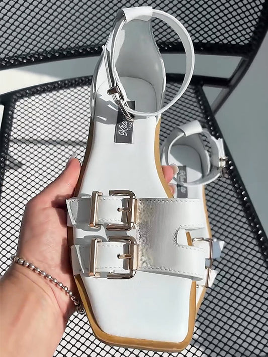 Women's White Leather Buckle Flat Sandals